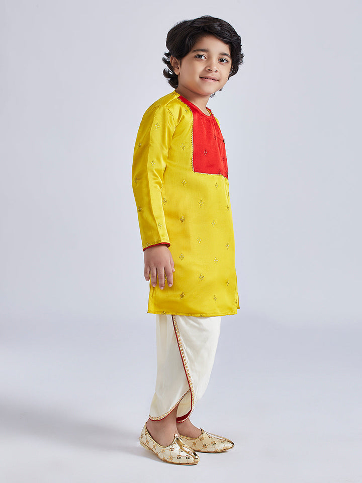 Vastramay Infant Boys' Yellow And Cream Silk Blend Kurta and Dhoti Set - qivii