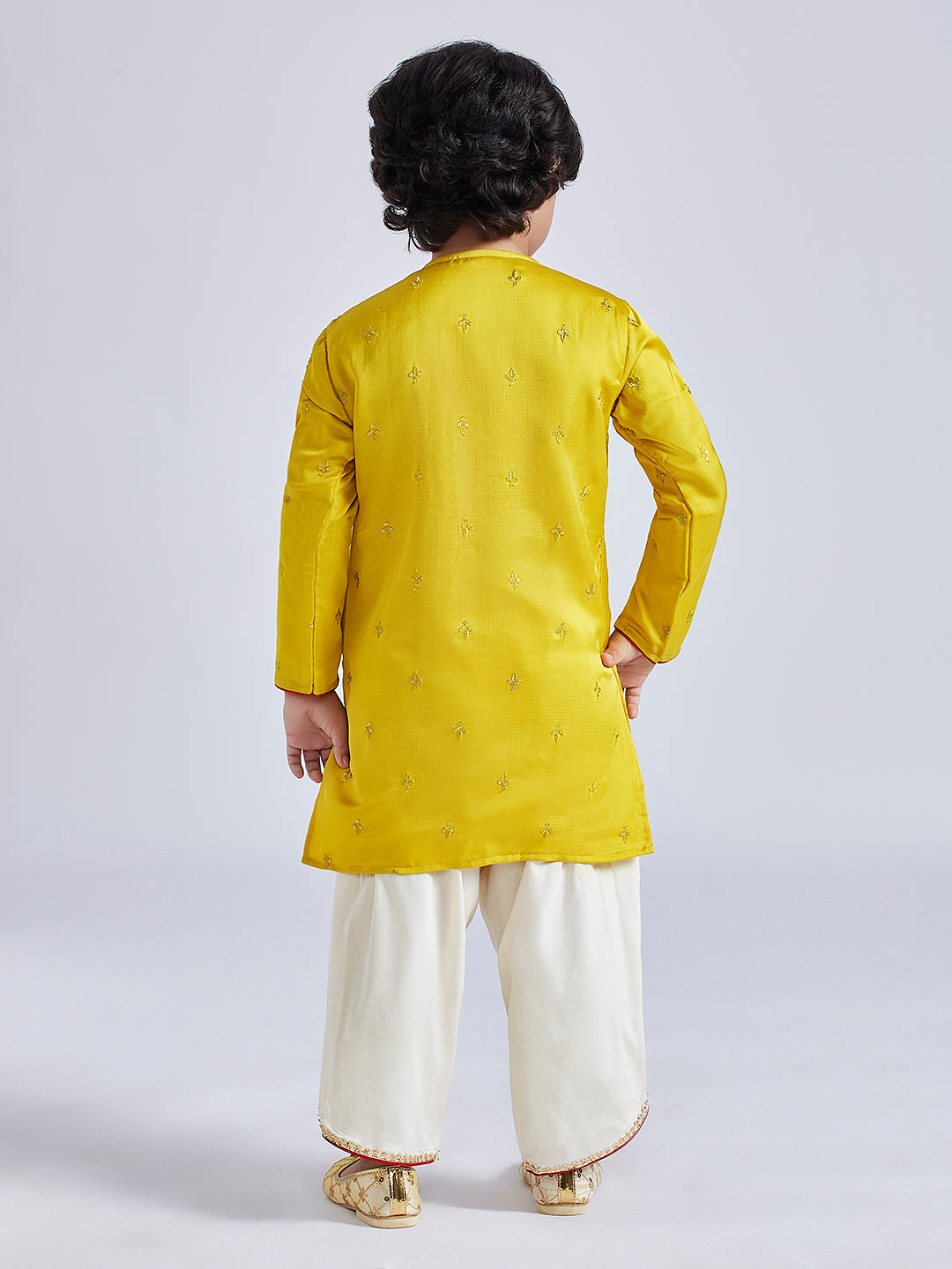 Vastramay Infant Boys' Yellow And Cream Silk Blend Kurta and Dhoti Set - qivii