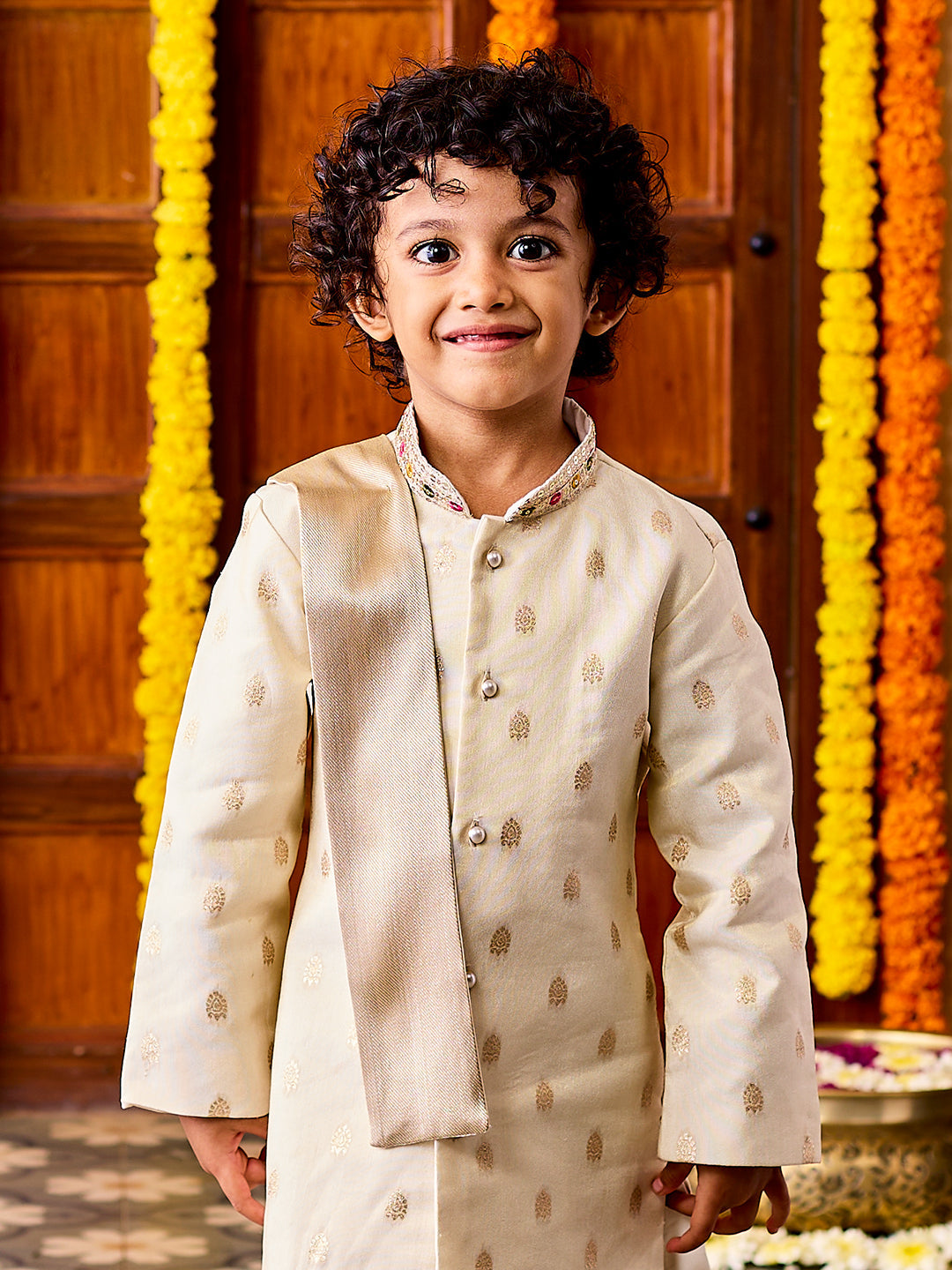Vastramay Infant Boys' Cream Viscose Blend Sherwani and Dhoti Set - qivii
