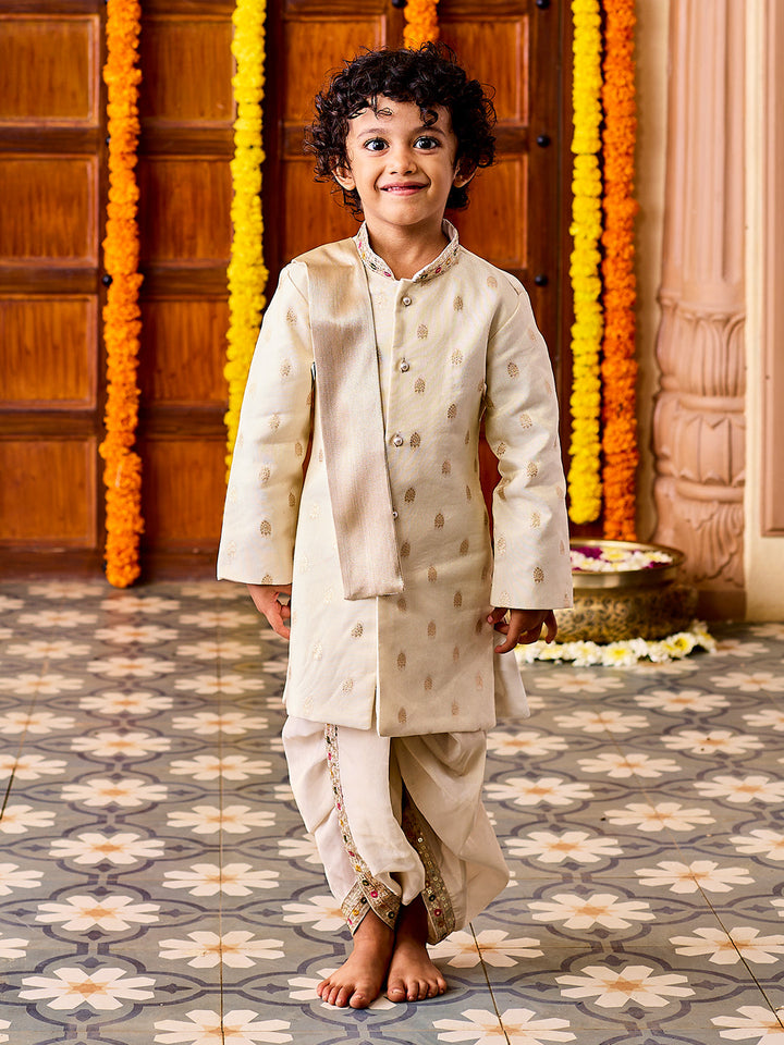 Vastramay Infant Boys' Cream Viscose Blend Sherwani and Dhoti Set - qivii