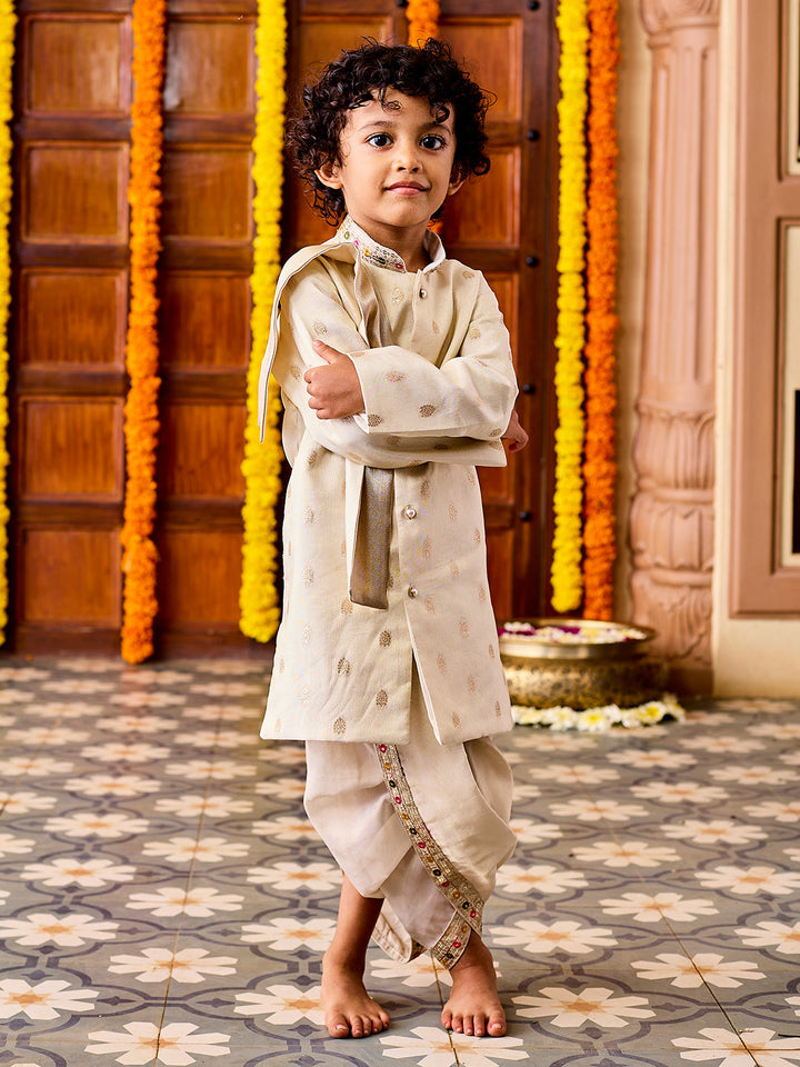 Vastramay Infant Boys' Cream Viscose Blend Sherwani and Dhoti Set - qivii