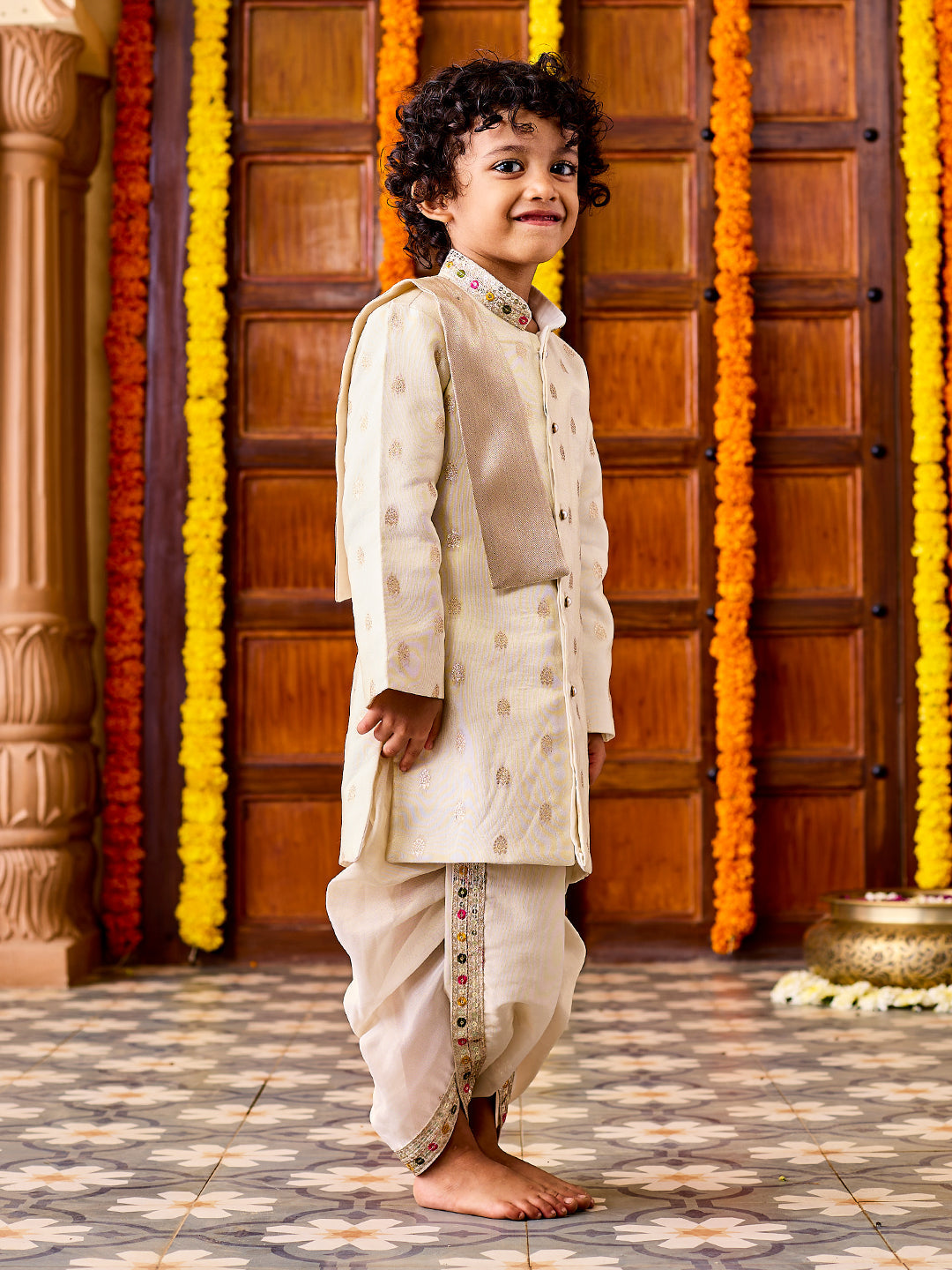 Vastramay Infant Boys' Cream Viscose Blend Sherwani and Dhoti Set - qivii