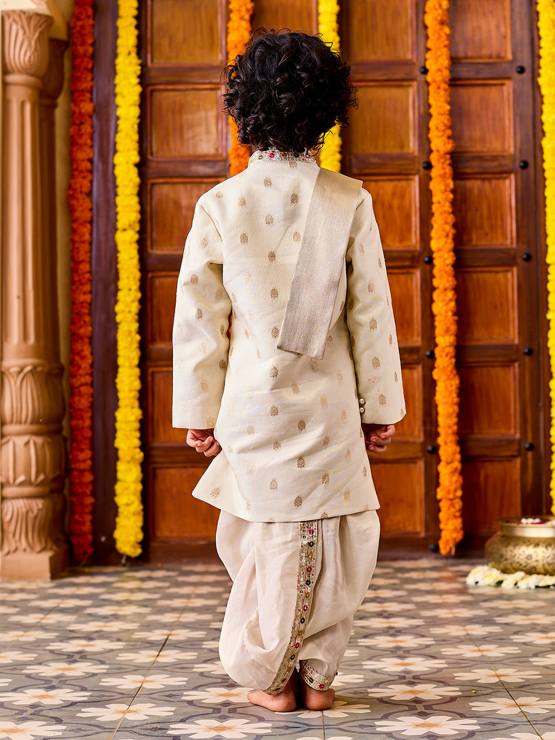 Vastramay Infant Boys' Cream Viscose Blend Sherwani and Dhoti Set - qivii