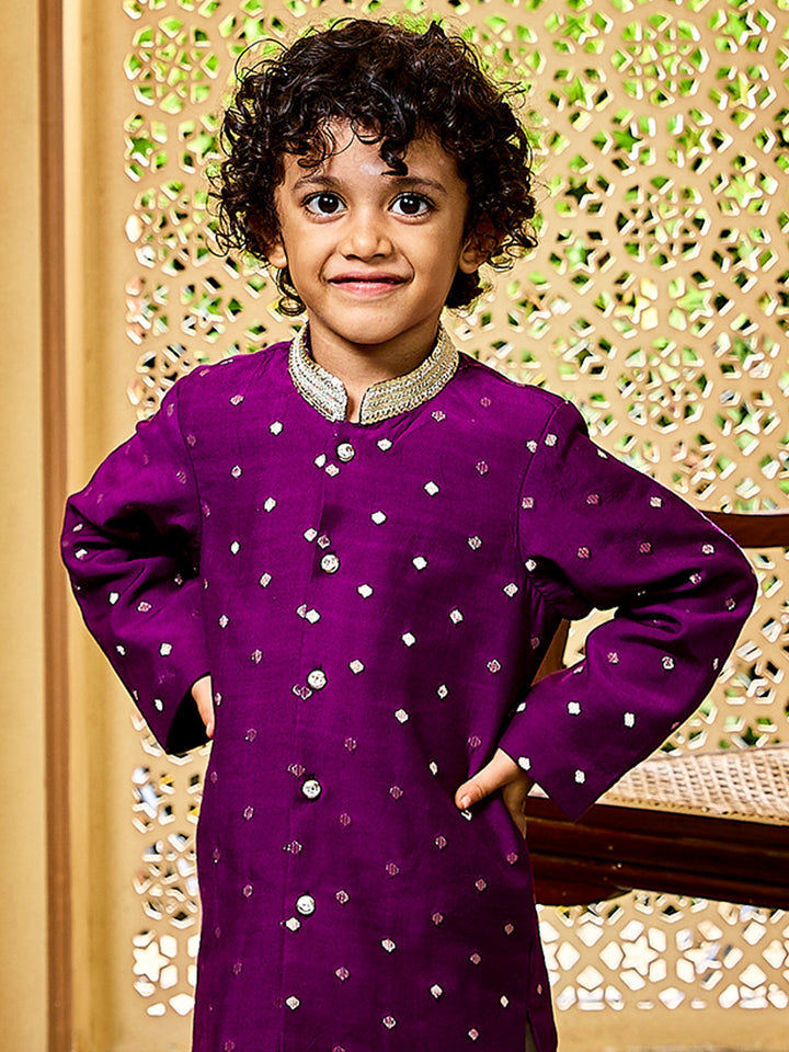 Vastramay Infant Boys' Purple And Cream Chanderi Kurta and Dhoti Set - qivii