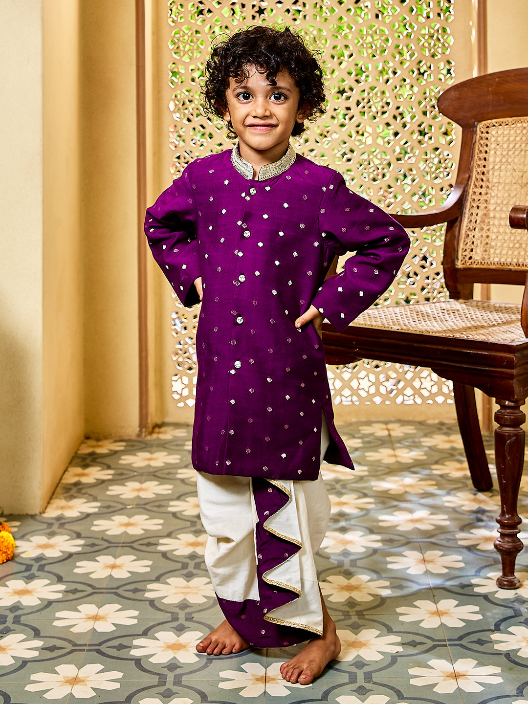 Vastramay Infant Boys' Purple And Cream Chanderi Kurta and Dhoti Set - qivii