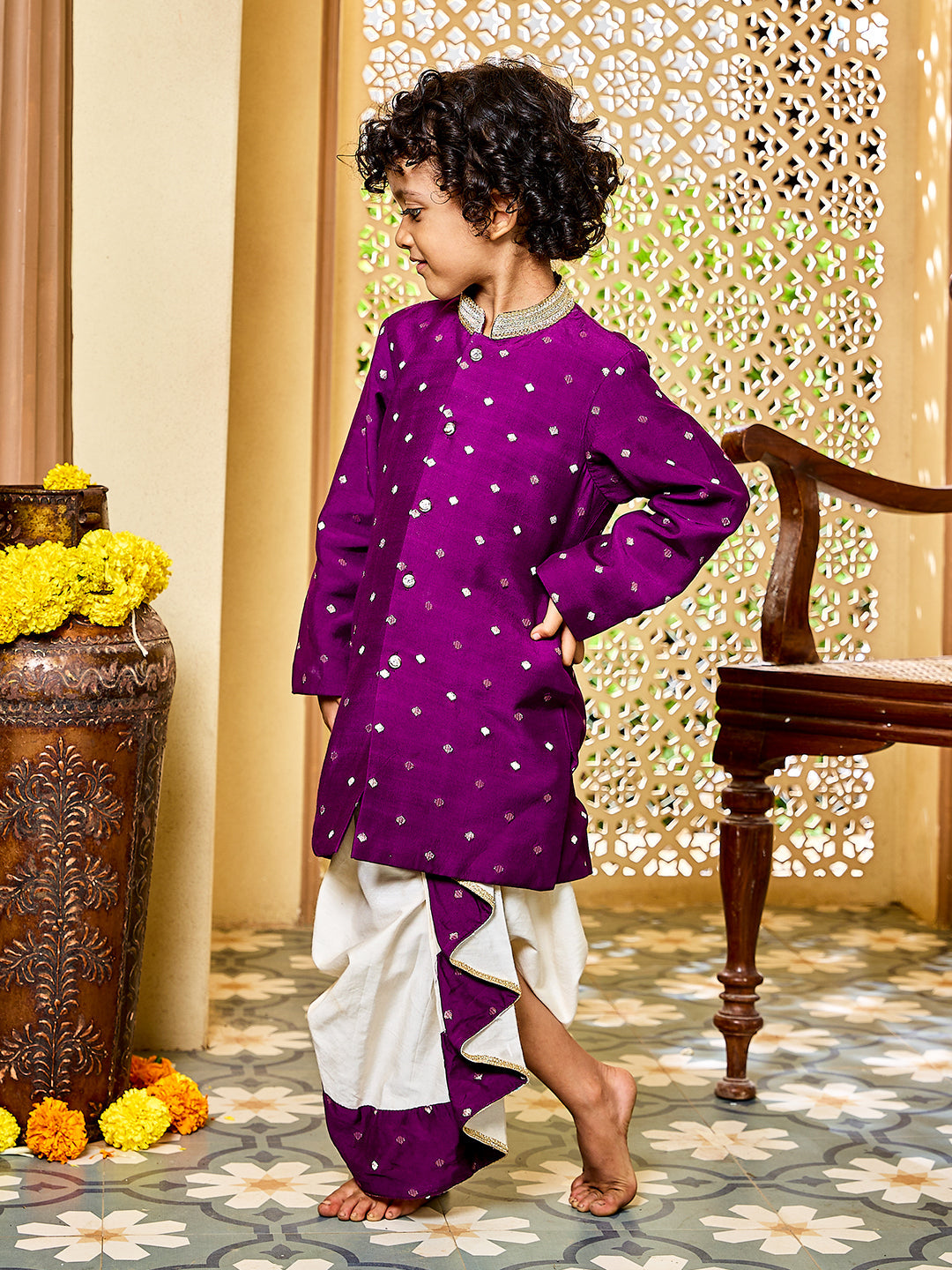 Vastramay Infant Boys' Purple And Cream Chanderi Kurta and Dhoti Set - qivii