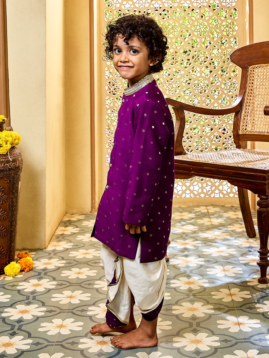 Vastramay Infant Boys' Purple And Cream Chanderi Kurta and Dhoti Set - qivii
