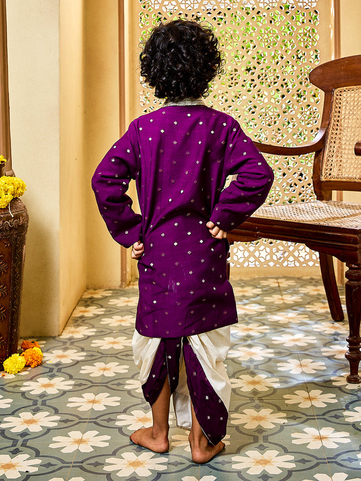Vastramay Infant Boys' Purple And Cream Chanderi Kurta and Dhoti Set - qivii