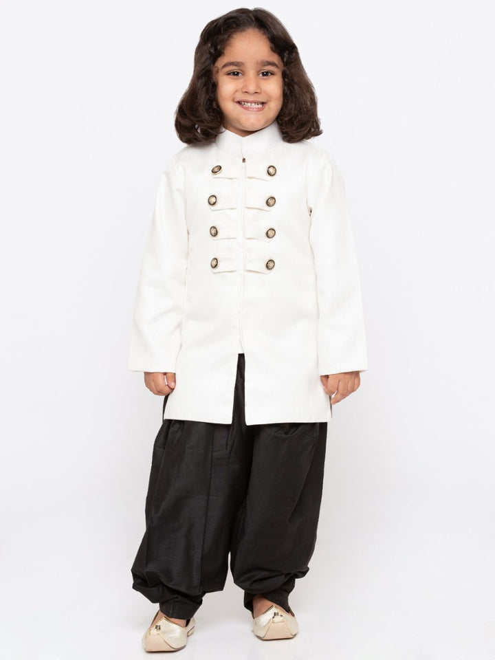 Vastramay Boys' White Cotton Silk Sherwani and Dhoti Set - qivii