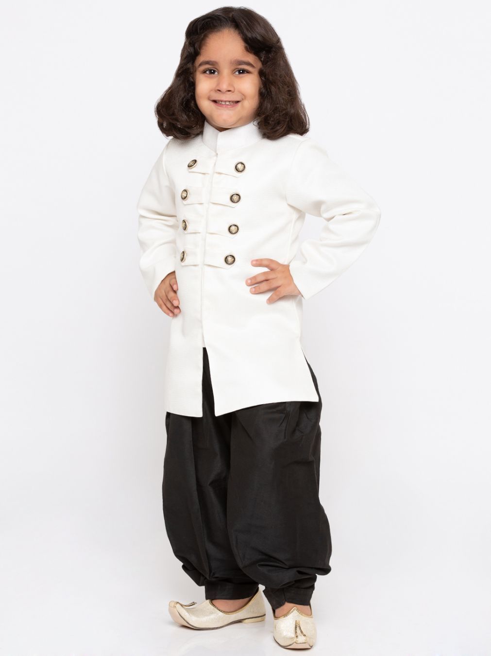 Vastramay Boys' White Cotton Silk Sherwani and Dhoti Set - qivii