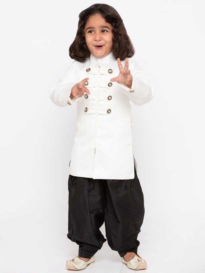 Vastramay Boys' White Cotton Silk Sherwani and Dhoti Set - qivii