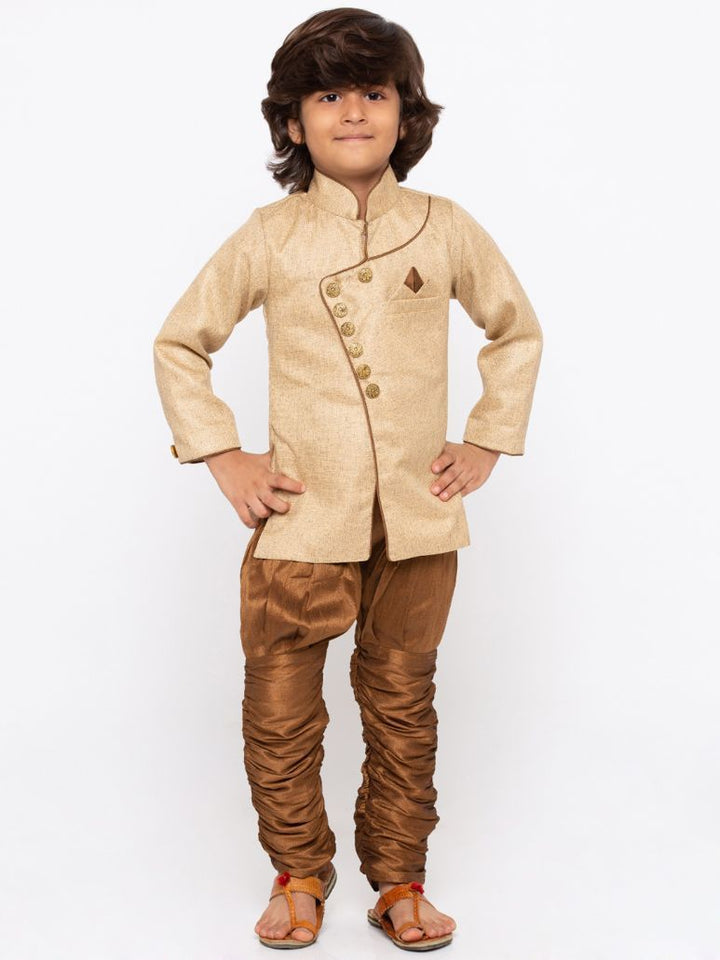 Vastramay Boys' Brown Cotton Silk Sherwani and Churidar Set - qivii