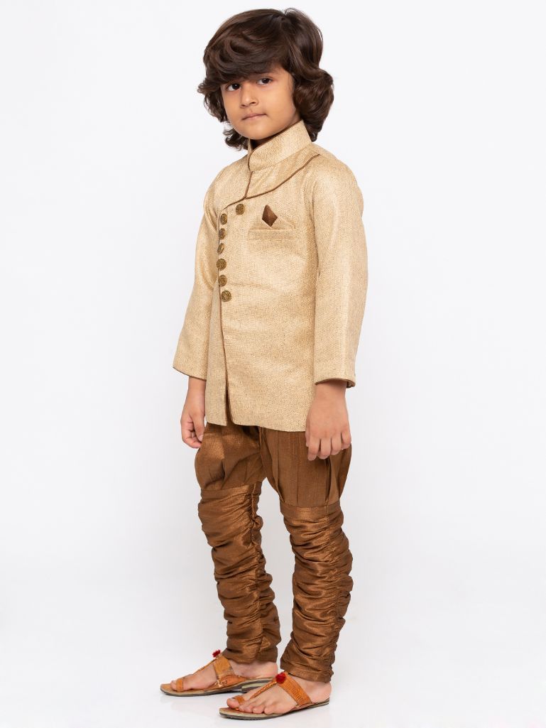Vastramay Boys' Brown Cotton Silk Sherwani and Churidar Set - qivii