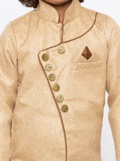 Vastramay Boys' Brown Cotton Silk Sherwani and Churidar Set - qivii