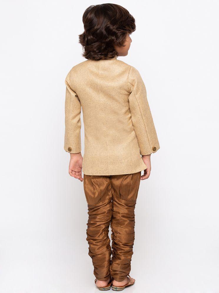 Vastramay Boys' Brown Cotton Silk Sherwani and Churidar Set - qivii
