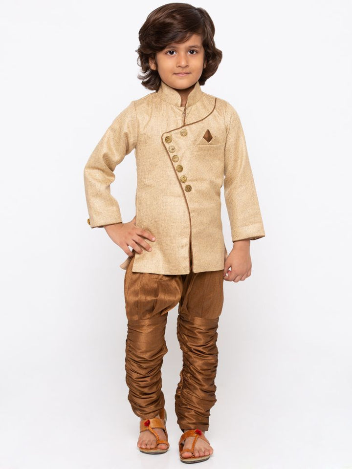 Vastramay Boys' Brown Cotton Silk Sherwani and Churidar Set - qivii