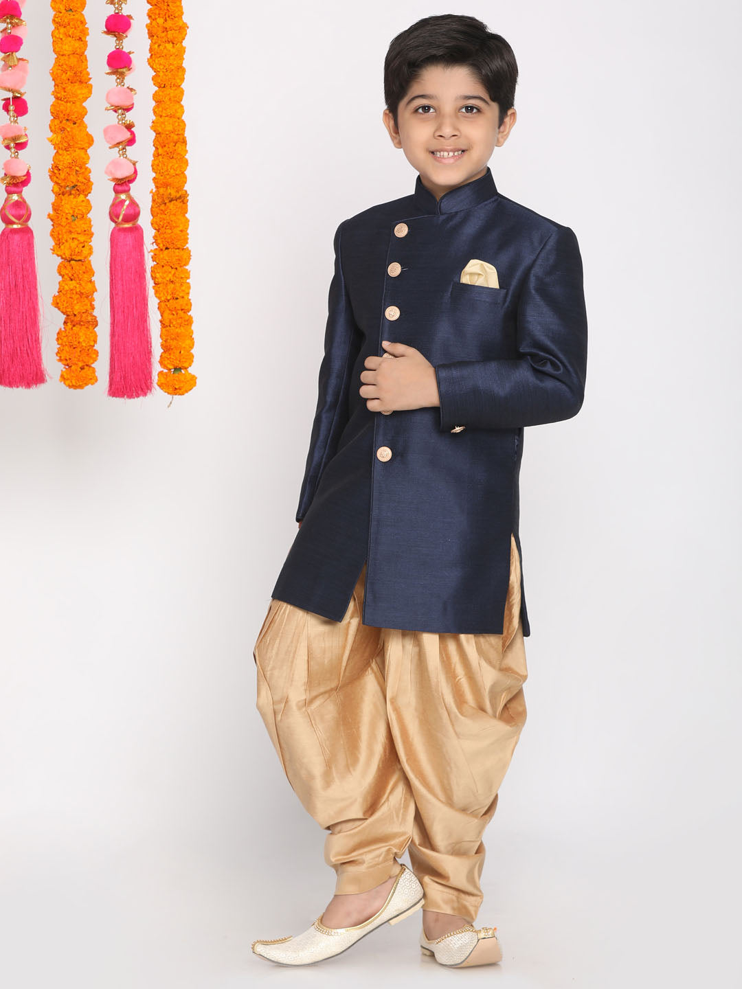 VASTRAMAY Boys Blue And Rose Gold Indowestern Set - qivii
