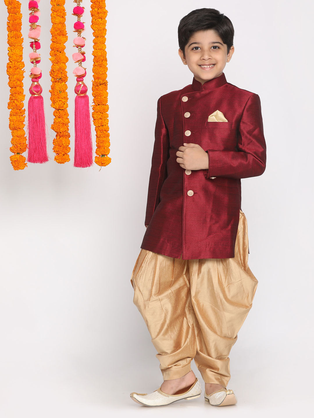VASTRAMAY Boys Maroon And Rose Gold Indowestern Set - qivii