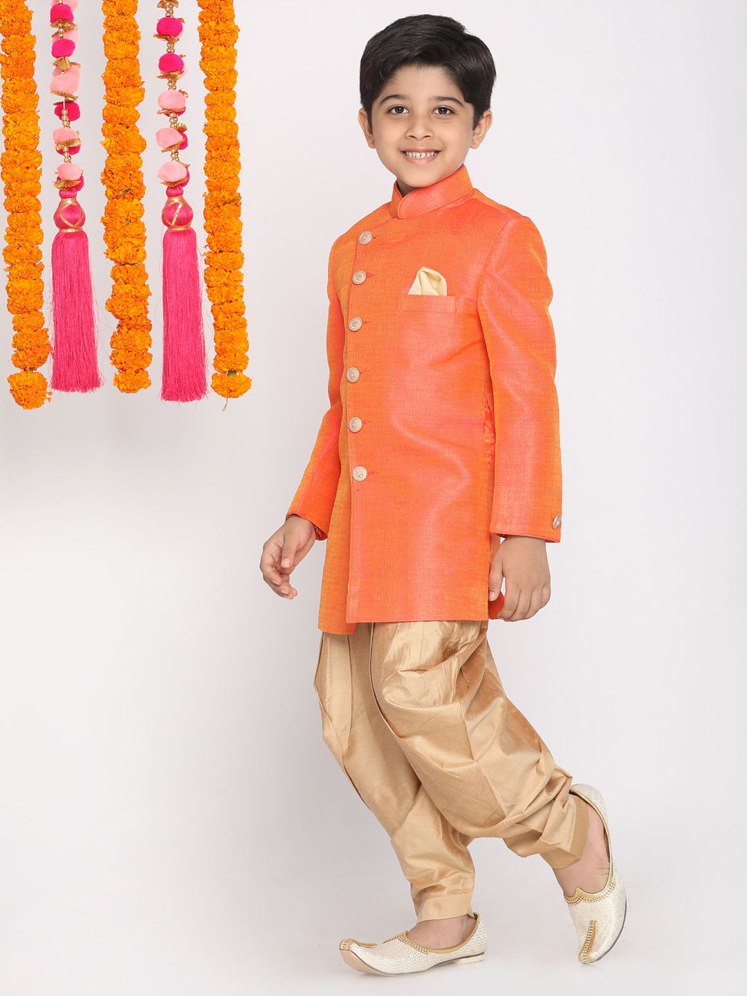 VASTRAMAY Boys Orange And Rose Gold Indowestern Set - qivii