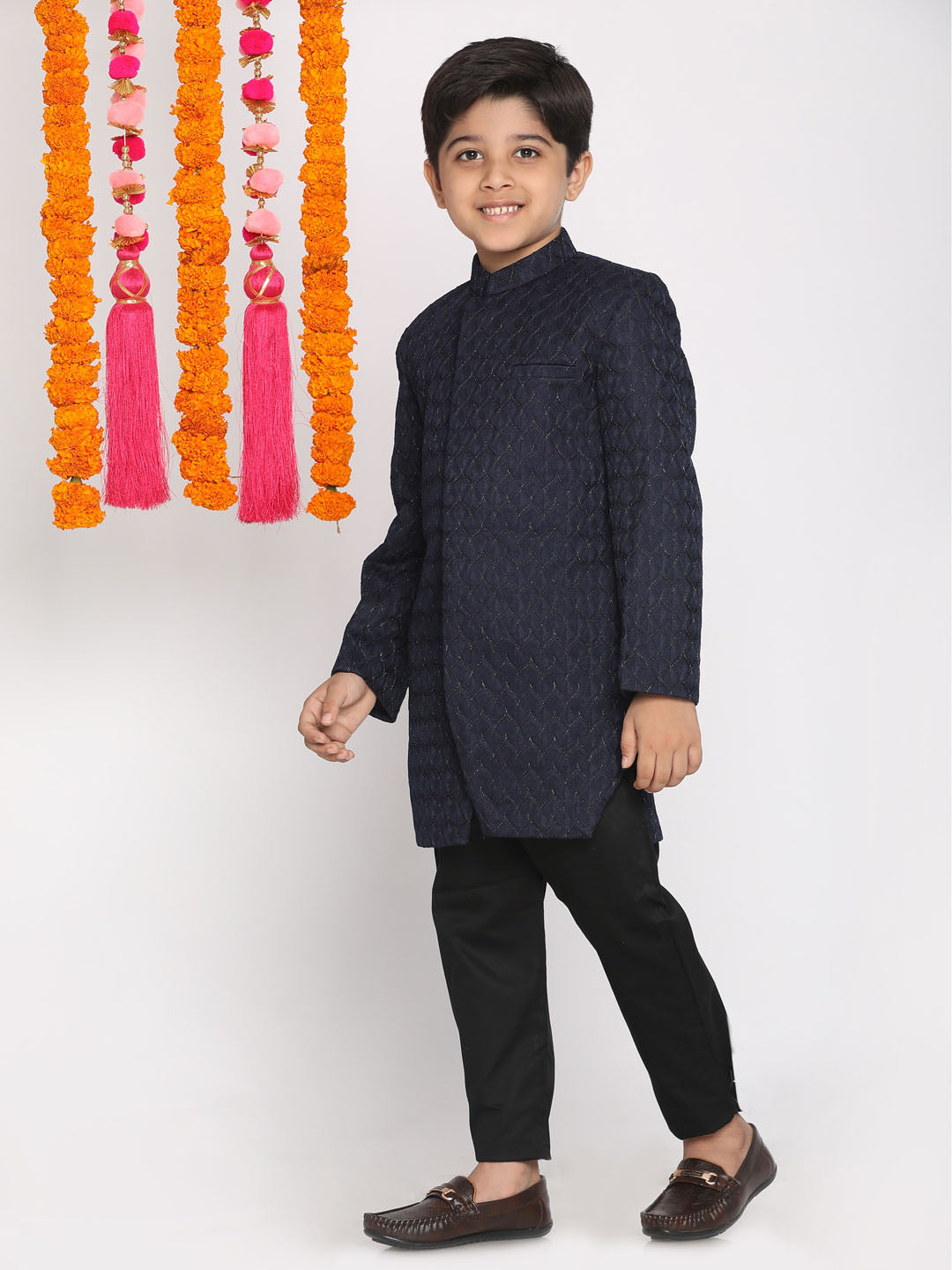 VASTRAMAY Boys Navy Blue Embellished Slim-Fit Sherwani Set - qivii