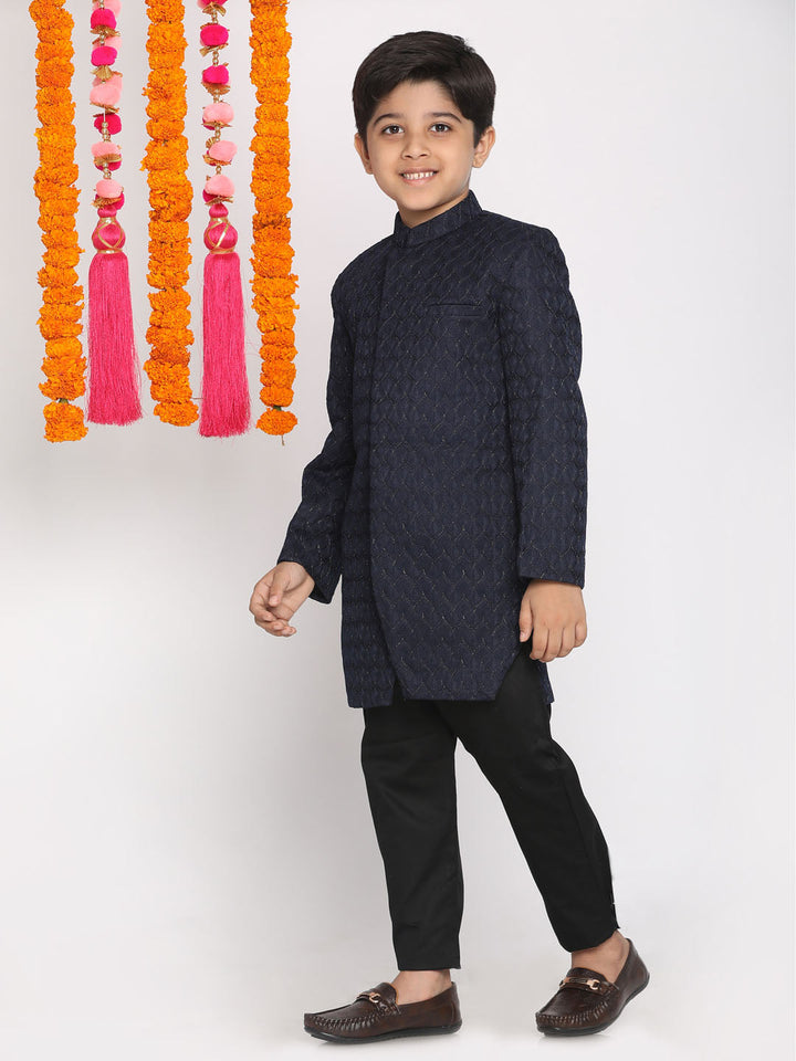 VASTRAMAY Boys Navy Blue Embellished Slim-Fit Sherwani Set - qivii