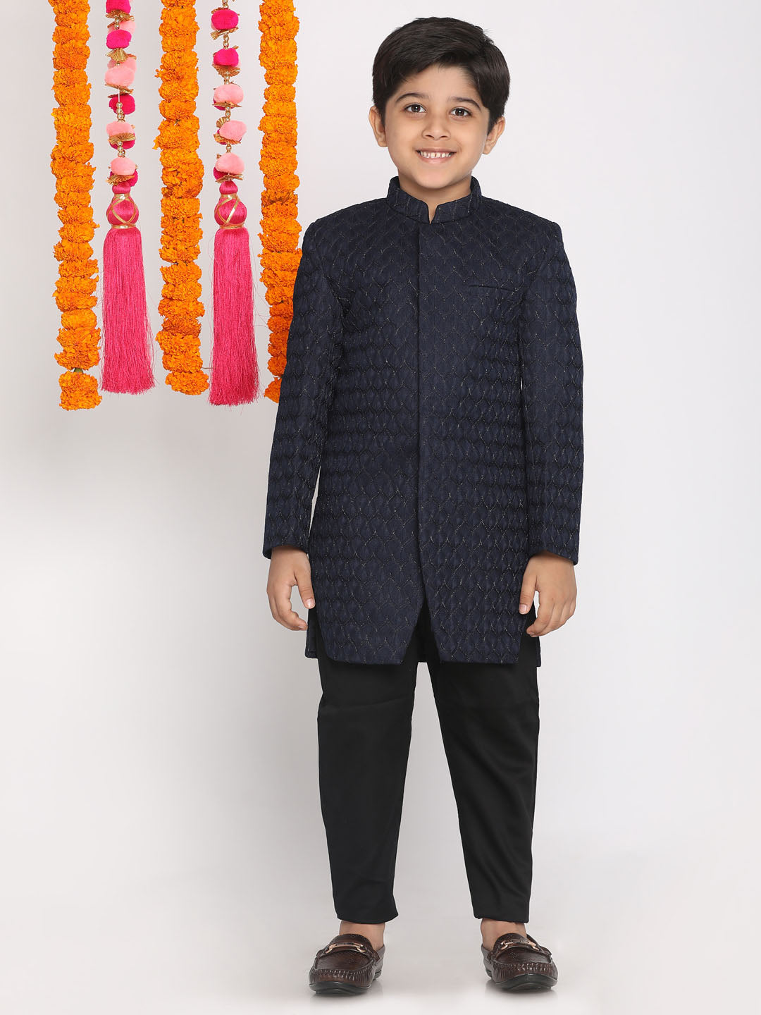 VASTRAMAY Boys Navy Blue Embellished Slim-Fit Sherwani Set - qivii