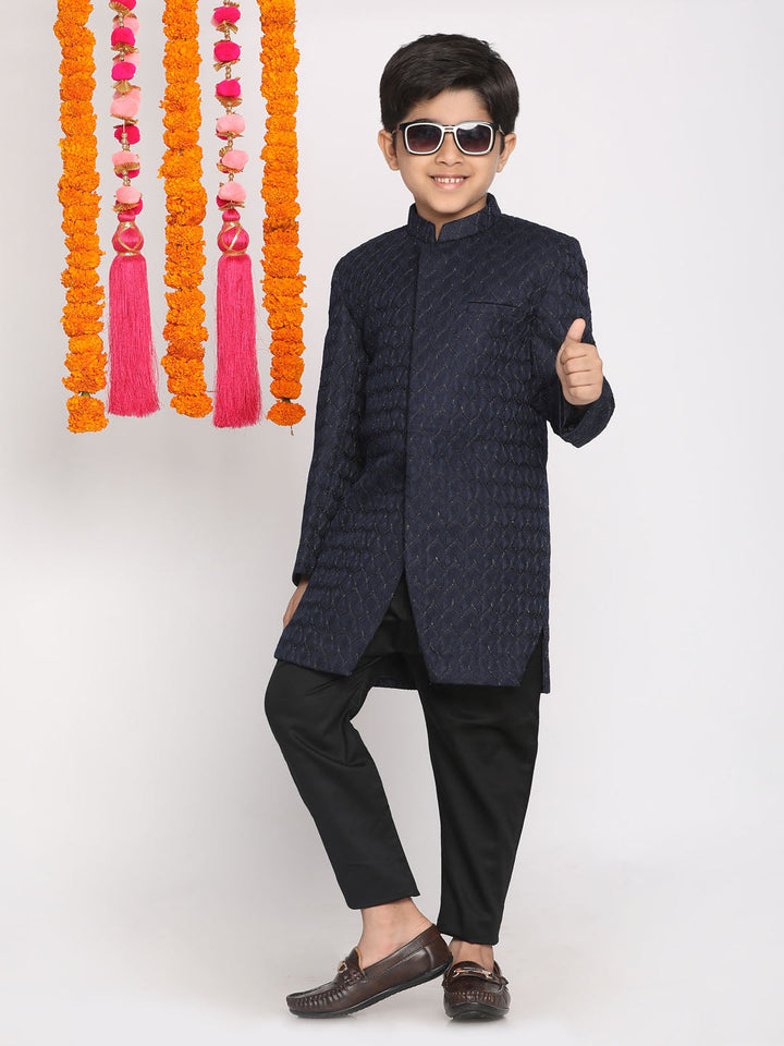 VASTRAMAY Boys Navy Blue Embellished Slim-Fit Sherwani Set - qivii