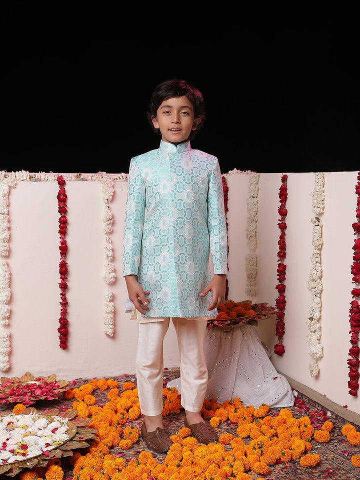 VASTRAMAY Boys' Blue Jacquard Sherwani Set - qivii