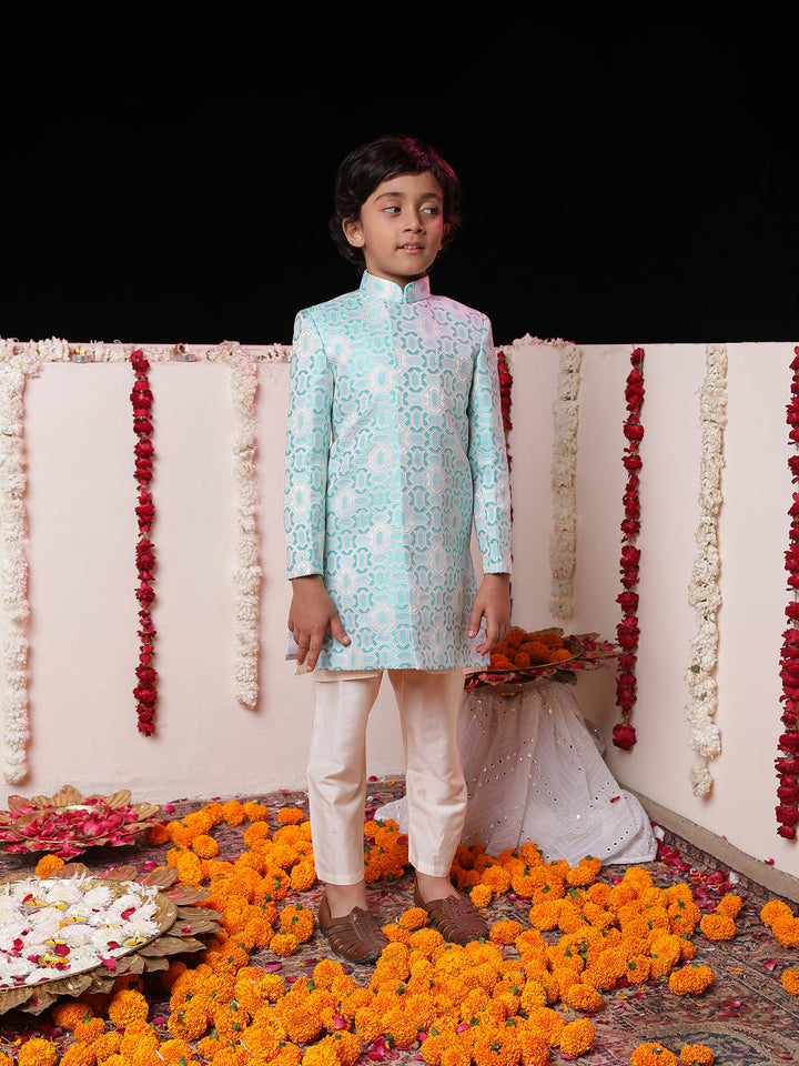 VASTRAMAY Boys' Blue Jacquard Sherwani Set - qivii