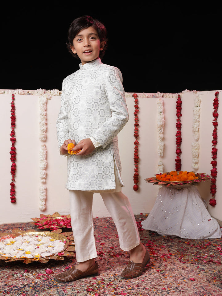 VASTRAMAY Boys' Grey Jacquard Sherwani Set - qivii