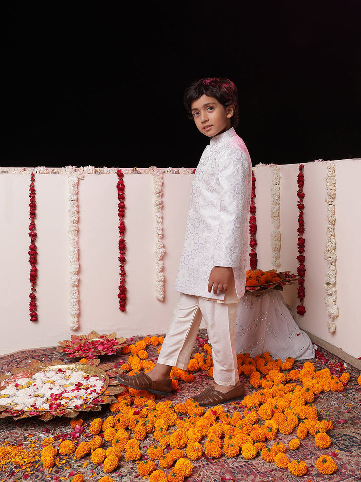 VASTRAMAY Boys' Purple Jacquard Sherwani Set - qivii