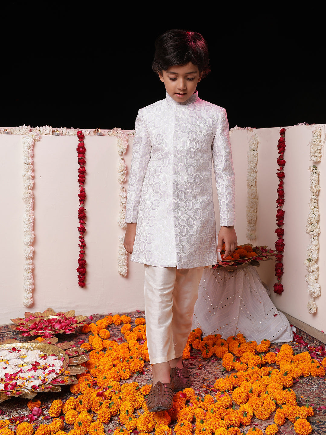 VASTRAMAY Boys' Purple Jacquard Sherwani Set - qivii