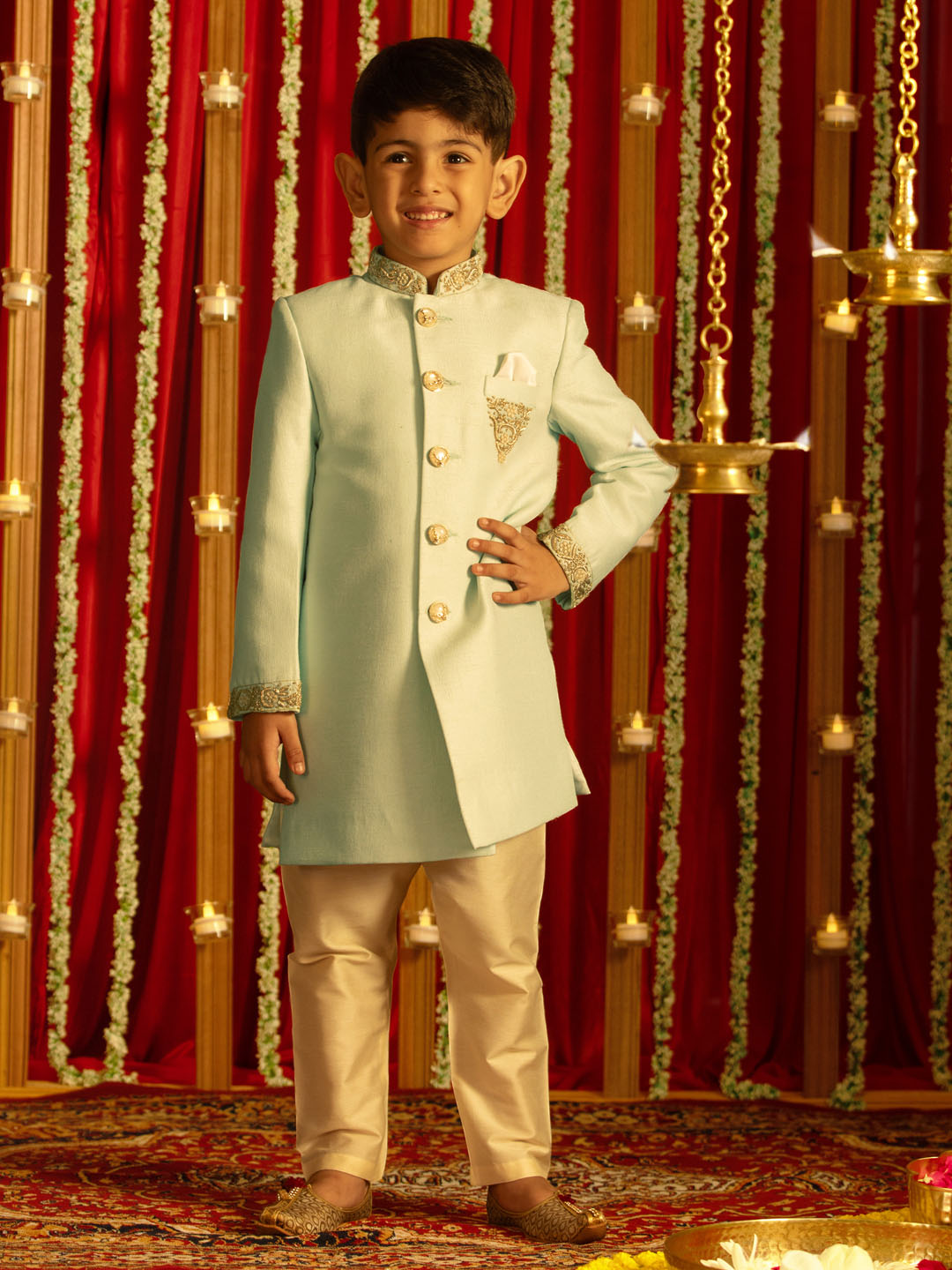 VASTRAMAY Boys' Aqua Silk Blend Solid Sherwani Set - qivii