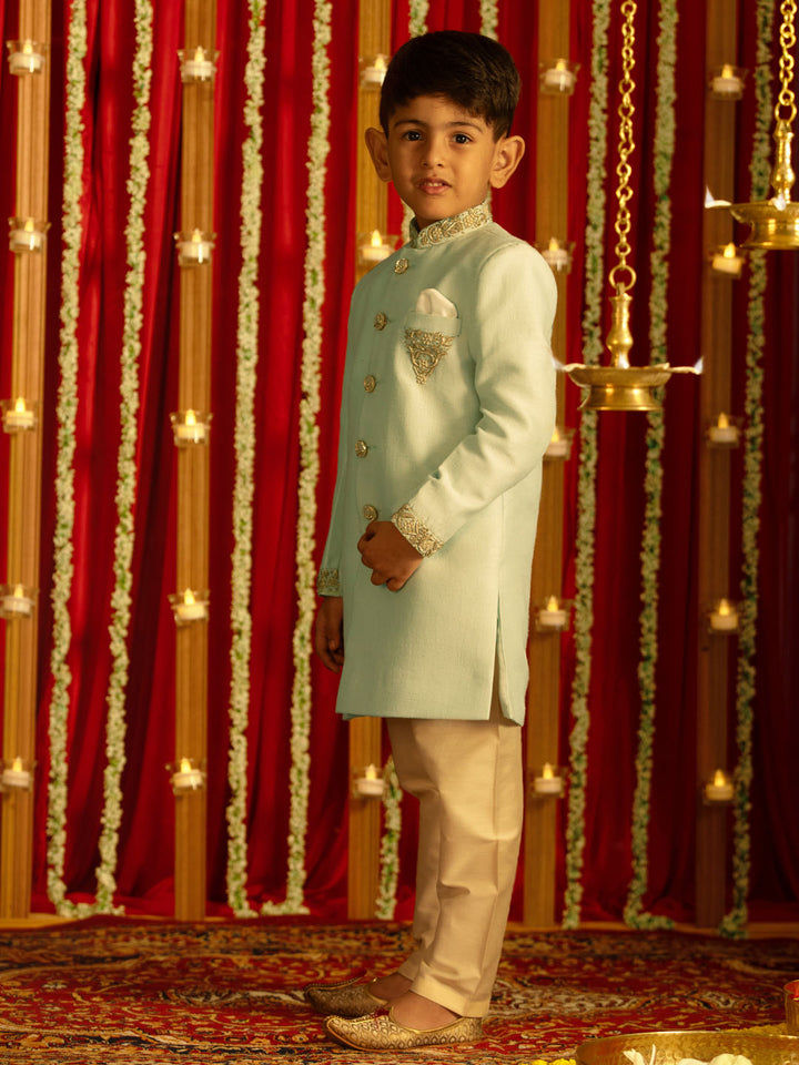 VASTRAMAY Boys' Aqua Silk Blend Solid Sherwani Set - qivii