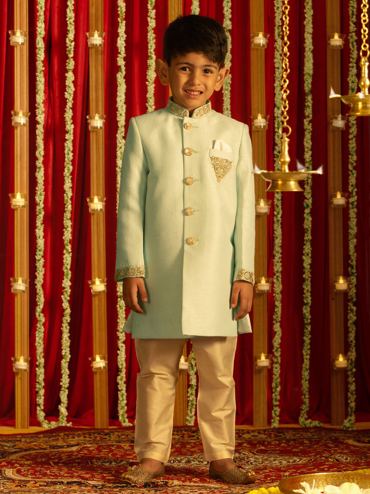 VASTRAMAY Boys' Aqua Silk Blend Solid Sherwani Set - qivii