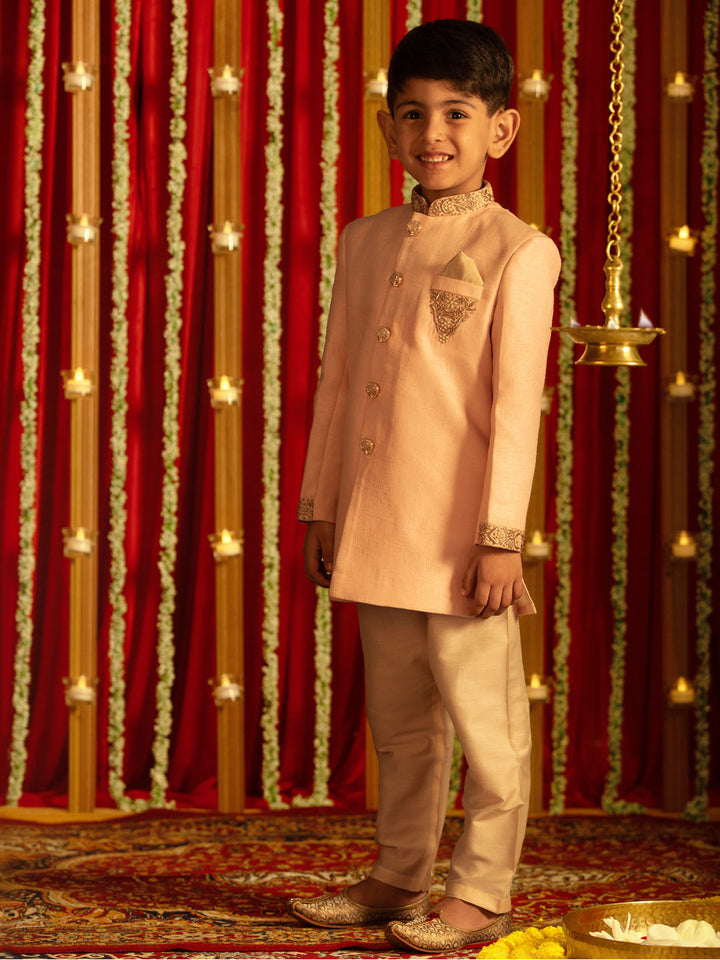 VASTRAMAY Boys' Pink Silk Sblend Solid Sherwani Set - qivii