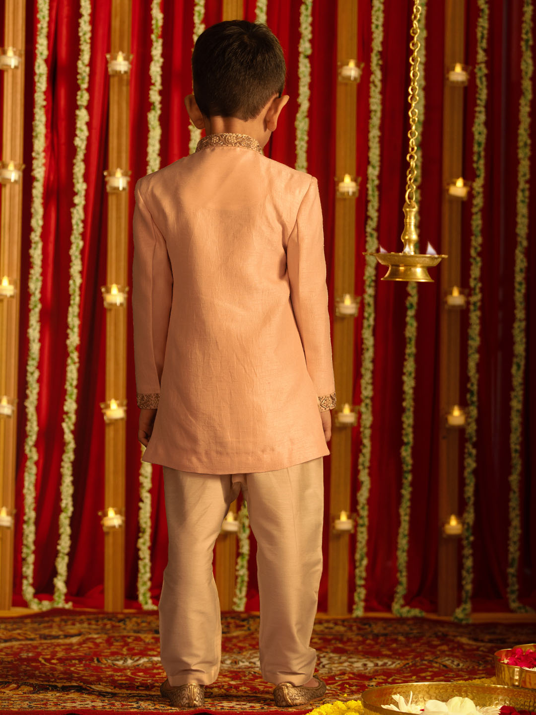 VASTRAMAY Boys' Pink Silk Sblend Solid Sherwani Set - qivii