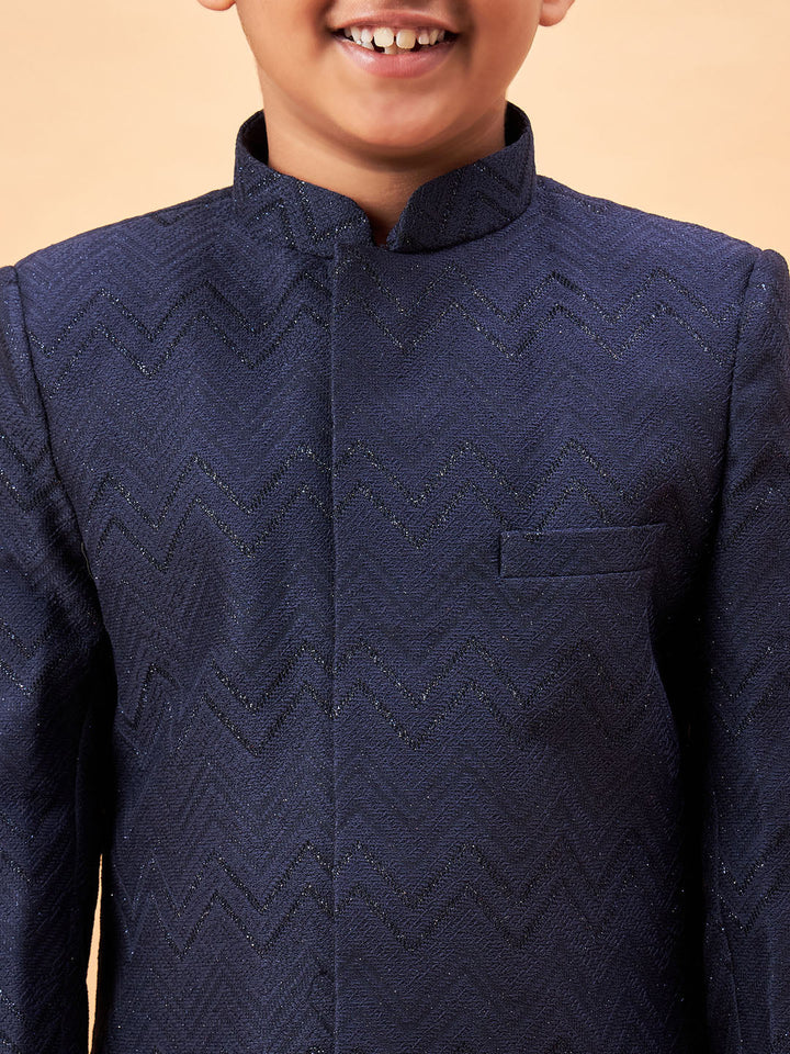 VASTRAMAY Boy's Navy Blue Glitter Indo Western Sherwani Set - qivii