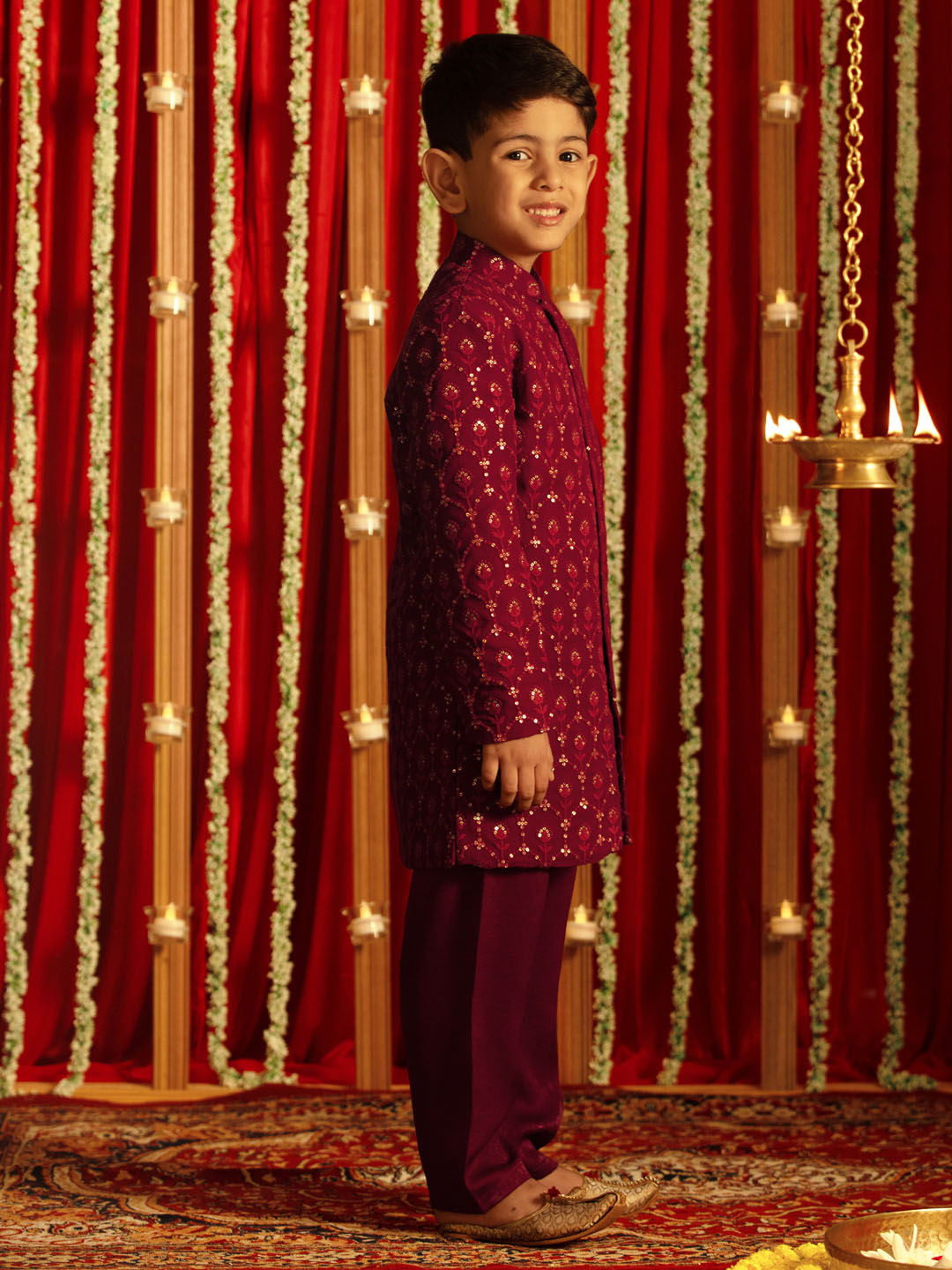 VASTRAMAY Boys' Maroon Georgette Embroidered Indo Western Set - qivii