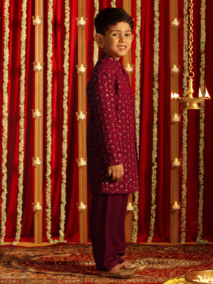 VASTRAMAY Boys' Maroon Georgette Embroidered Indo Western Set - qivii