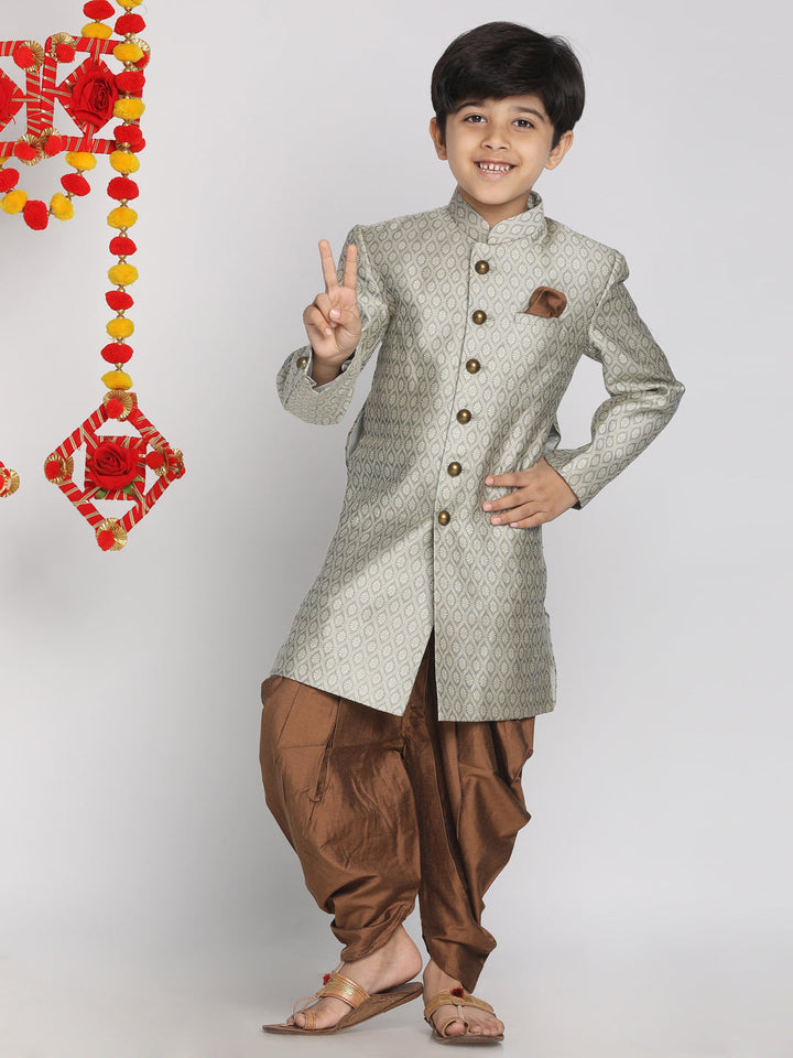 VASTRAMAY Boys' Beige,Grey And Coffee Indowestern Sherwani and Cowl dhoti pant Set - qivii