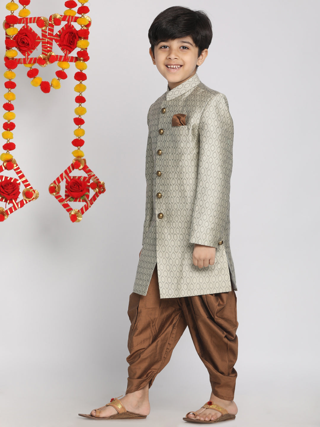 VASTRAMAY Boys' Beige,Grey And Coffee Indowestern Sherwani and Cowl dhoti pant Set - qivii