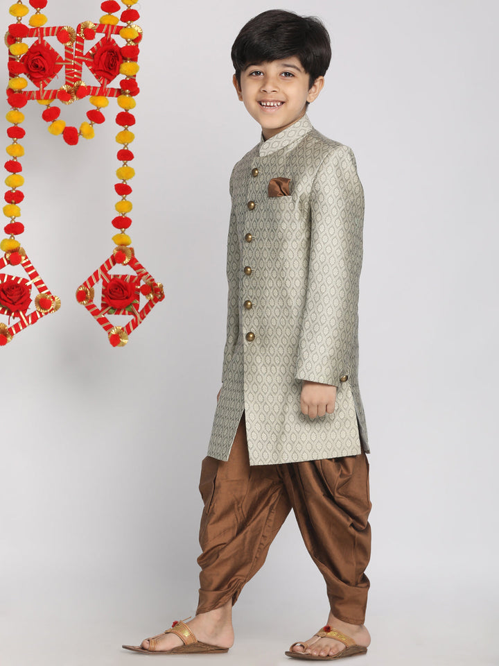 VASTRAMAY Boys' Beige,Grey And Coffee Indowestern Sherwani and Cowl dhoti pant Set - qivii