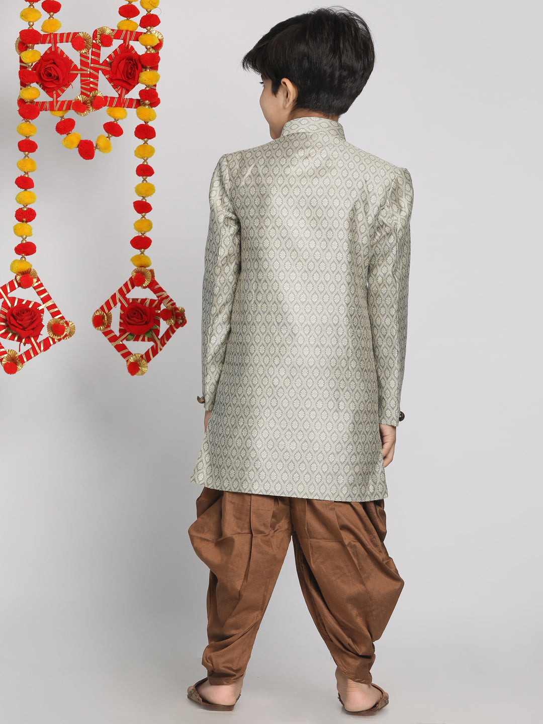 VASTRAMAY Boys' Beige,Grey And Coffee Indowestern Sherwani and Cowl dhoti pant Set - qivii