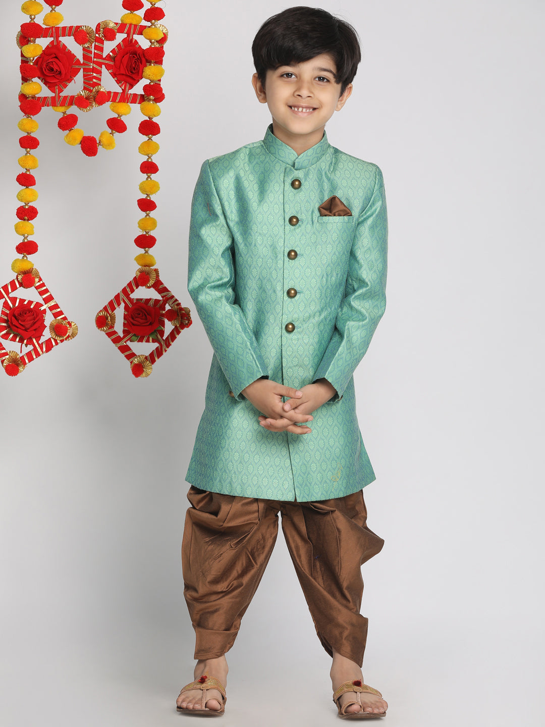 VASTRAMAY Boys Green Indo Western Jacquard Sherwani and Dhoti Pant Set - qivii
