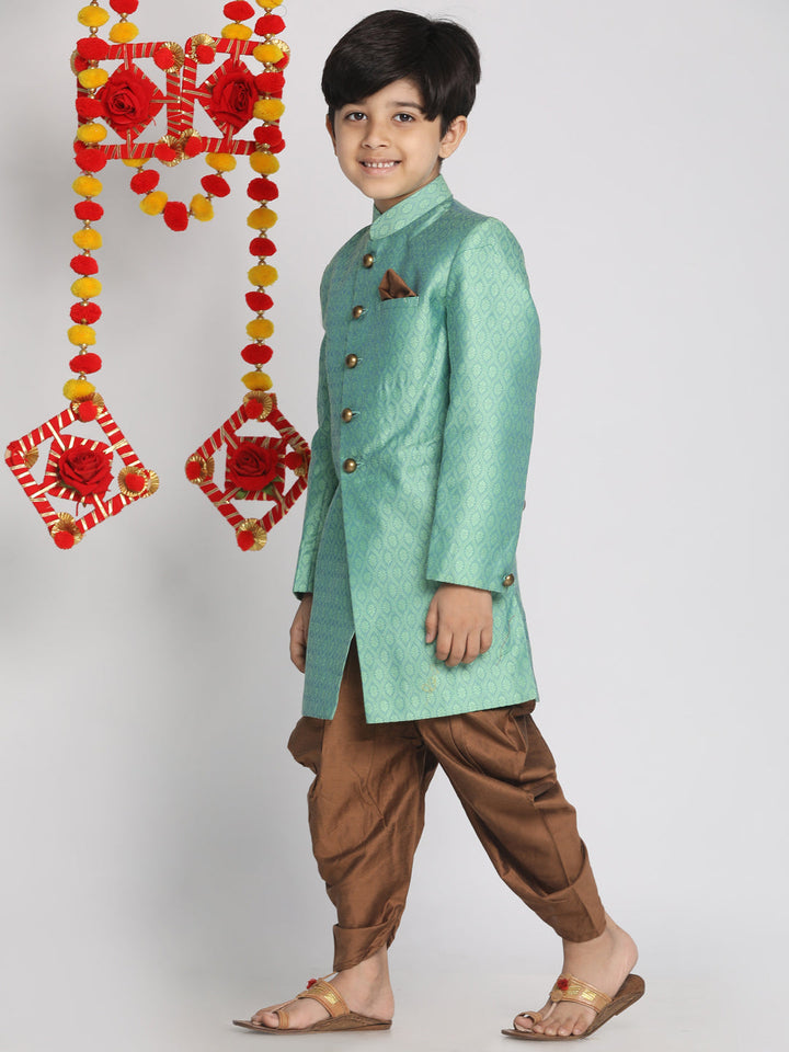 VASTRAMAY Boys Green Indo Western Jacquard Sherwani and Dhoti Pant Set - qivii