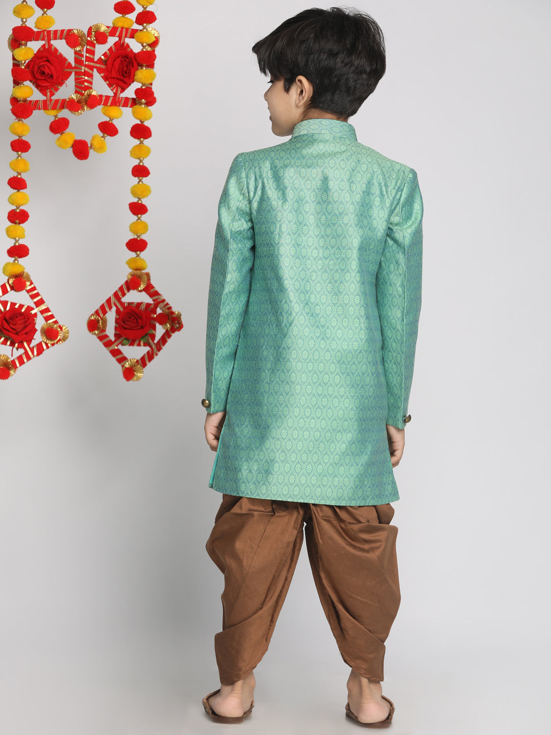 VASTRAMAY Boys Green Indo Western Jacquard Sherwani and Dhoti Pant Set - qivii