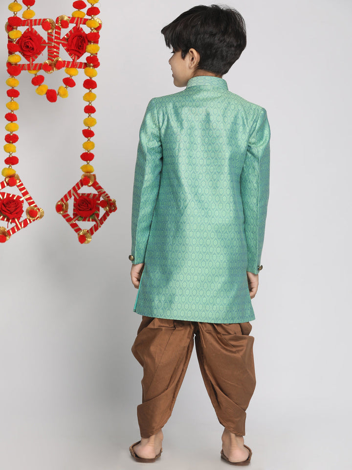 VASTRAMAY Boys Green Indo Western Jacquard Sherwani and Dhoti Pant Set - qivii