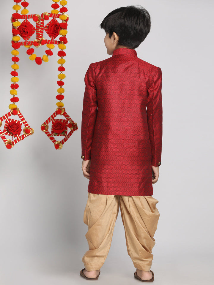 VASTRAMAY Boys Maroon Indo Western Jacquard Sherwani and Dhoti Pant Set - qivii