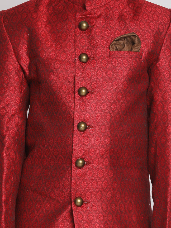 VASTRAMAY Boys Maroon Indo Western Jacquard Sherwani and Dhoti Pant Set - qivii